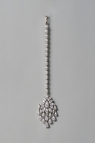White Finish Swarovski Zirconia Maangtikka In Sterling Silver by Diosa Paris Jewellery