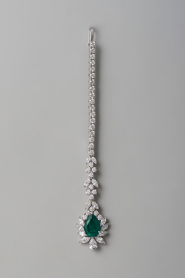 White Finish White & Green Swarovski Zirconia Maangtikka In Sterling Silver by Diosa Paris Jewellery at Pernia's Pop Up Shop