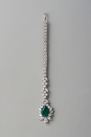 White Finish White & Green Swarovski Zirconia Maangtikka In Sterling Silver by Diosa Paris Jewellery