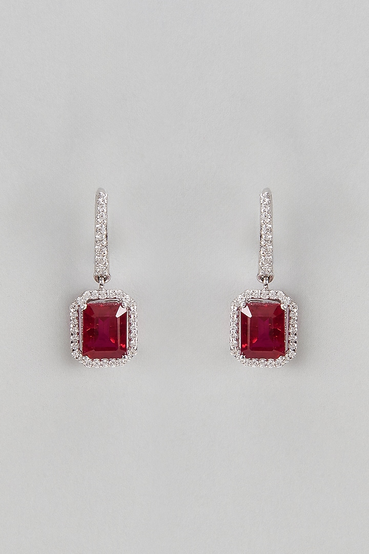 White Finish Red & White Swarovski Hoop Earrings In Sterling Silver by Diosa Paris Jewellery at Pernia's Pop Up Shop