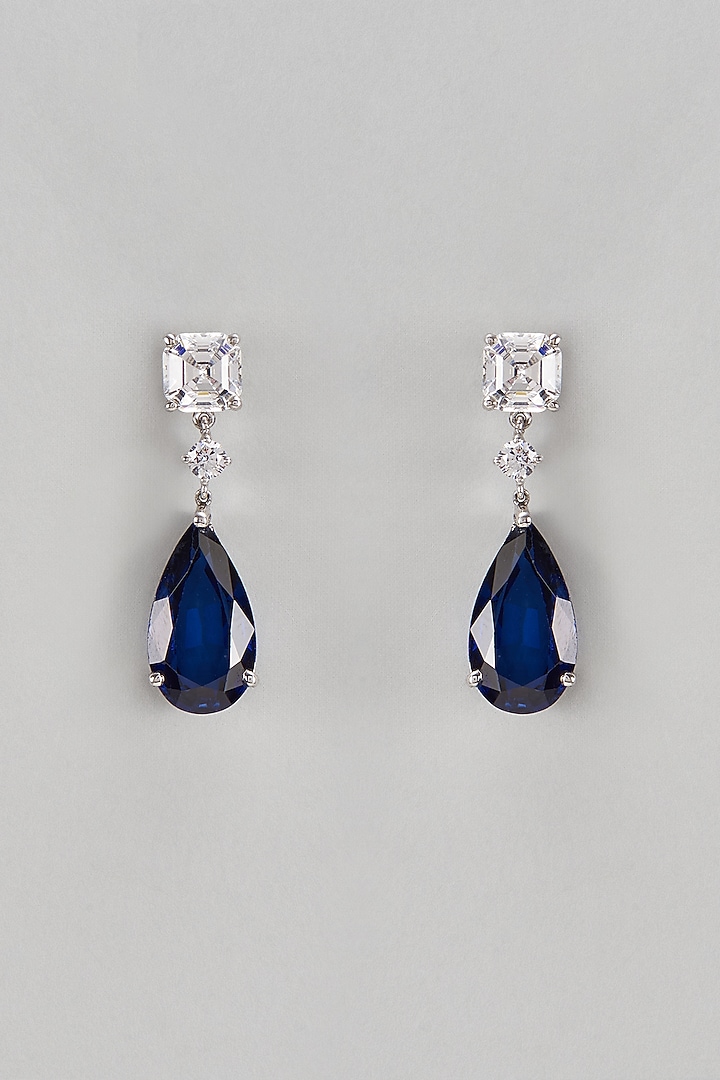 White Finish Blue & White Swarovski Dangler Earrings In Sterling Silver by Diosa Paris Jewellery at Pernia's Pop Up Shop