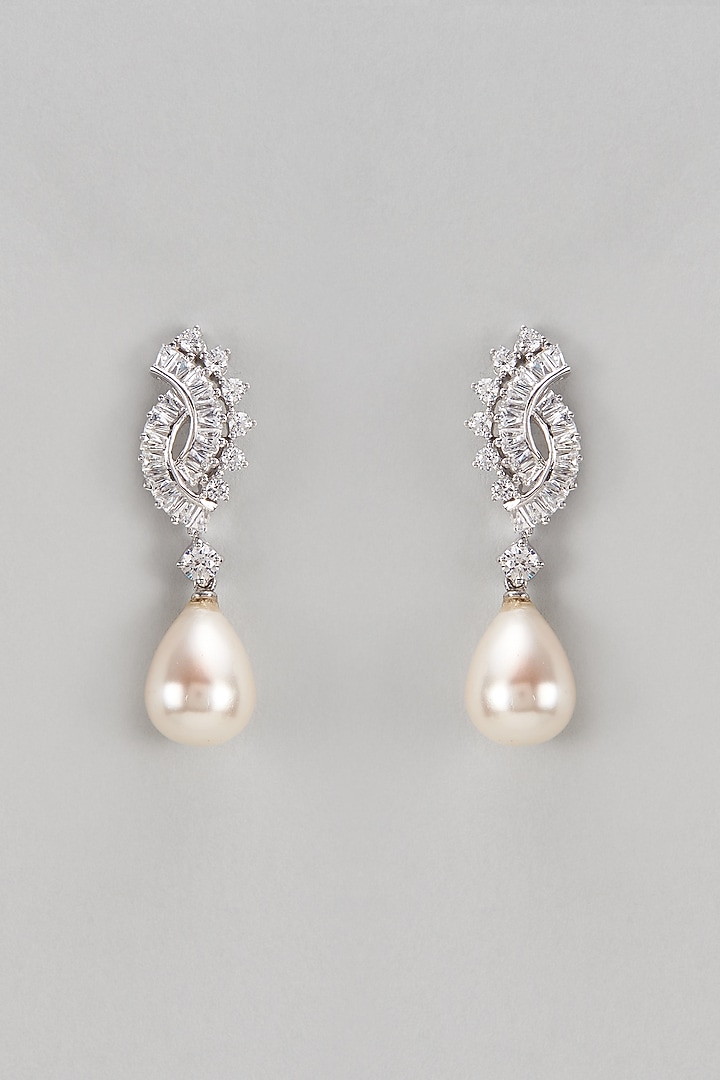 White Finish Swarovski & Pearl Dangler Earrings In Sterling Silver by Diosa Paris Jewellery at Pernia's Pop Up Shop