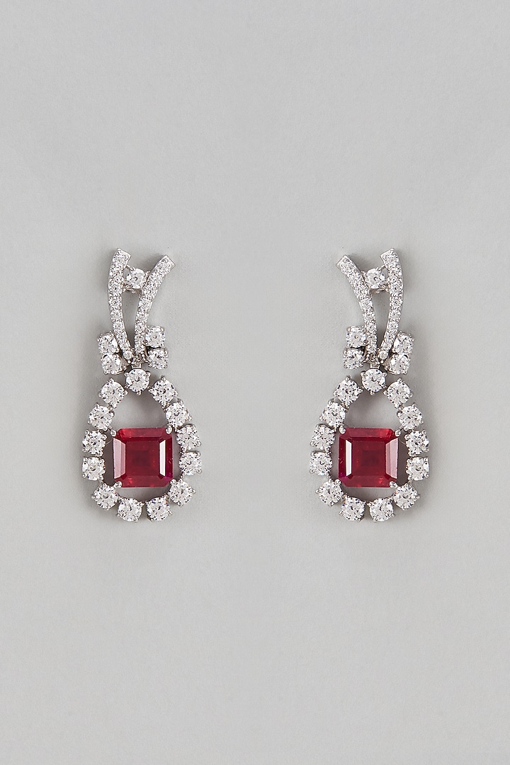 White Finish Swarovski & Synthetic Red Stone Dangler Earrings In Sterling Silver by Diosa Paris Jewellery at Pernia's Pop Up Shop