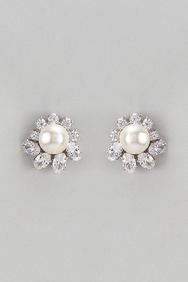 White Finish Swarovski & Pearl Stud Earrings In Sterling Silver by Diosa Paris Jewellery at Pernia's Pop Up Shop