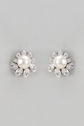 White Finish Swarovski & Pearl Stud Earrings In Sterling Silver by Diosa Paris Jewellery
