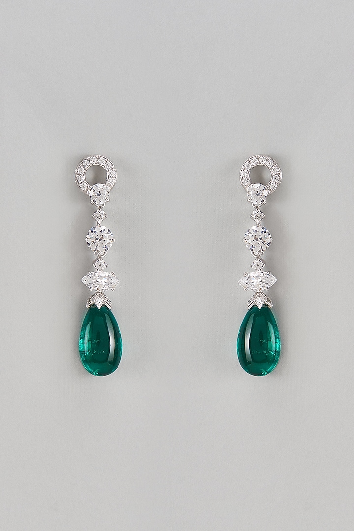 White Finish Swarovski & Green Pear Stone Dangler Earrings In Sterling Silver by Diosa Paris Jewellery at Pernia's Pop Up Shop