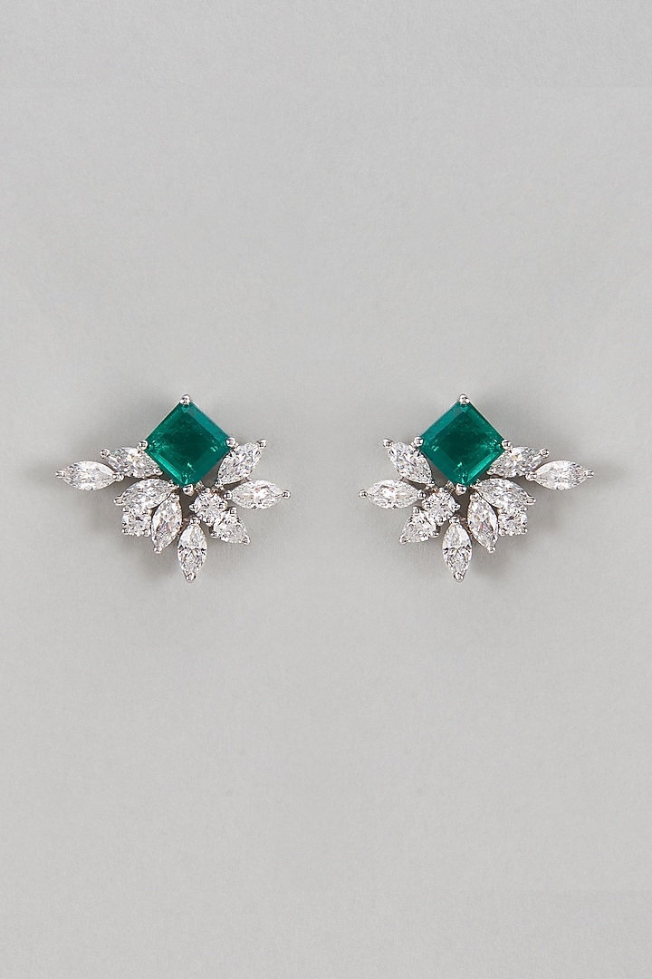 White Finish Swarovski & Synthetic Green Stone Stud Earrings In Sterling Silver by Diosa Paris Jewellery at Pernia's Pop Up Shop