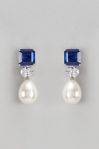 White Finish Swarovski & Synthetic Blue Stone Dangler Earrings In Sterling Silver by Diosa Paris Jewellery