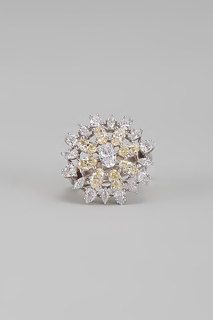 White Finish Yellow & White Swarovski Ring In Sterling Silver by Diosa Paris Jewellery at Pernia's Pop Up Shop