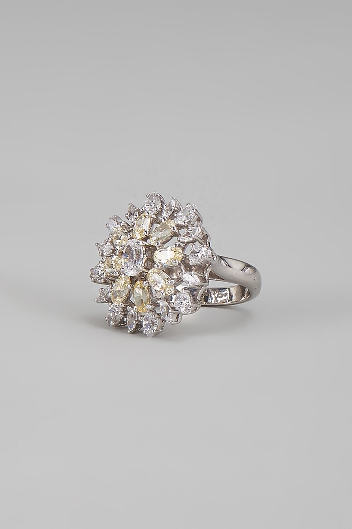 White Finish Yellow & White Swarovski Ring In Sterling Silver by Diosa Paris Jewellery at Pernia's Pop Up Shop