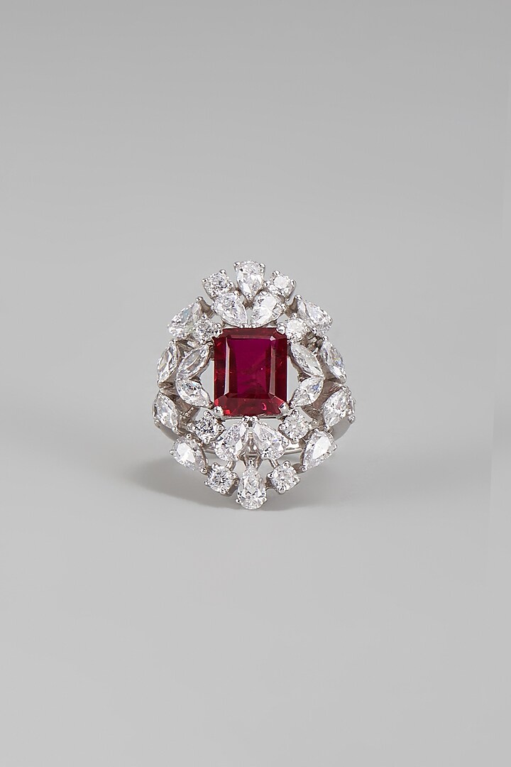 White Finish Red & White Swarovski Ring In Sterling Silver by Diosa Paris Jewellery at Pernia's Pop Up Shop