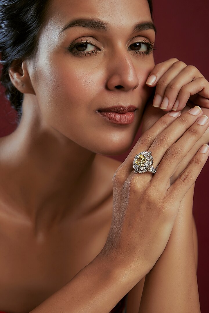 White Finish Yellow & White Swarovski Ring In Sterling Silver by Diosa Paris Jewellery at Pernia's Pop Up Shop