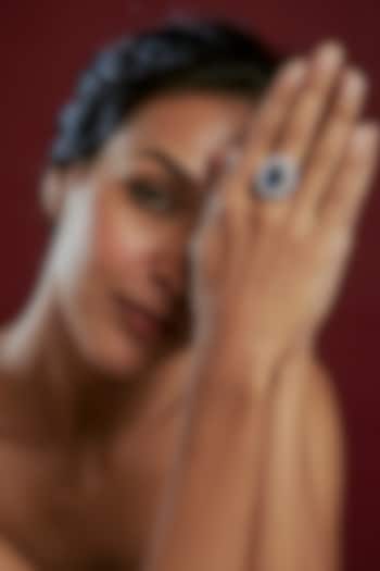 White Finish Blue & White Swarovski Ring In Sterling Silver by Diosa Paris Jewellery at Pernia's Pop Up Shop