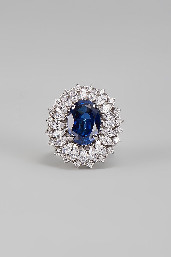 White Finish Blue & White Swarovski Ring In Sterling Silver by Diosa Paris Jewellery at Pernia's Pop Up Shop