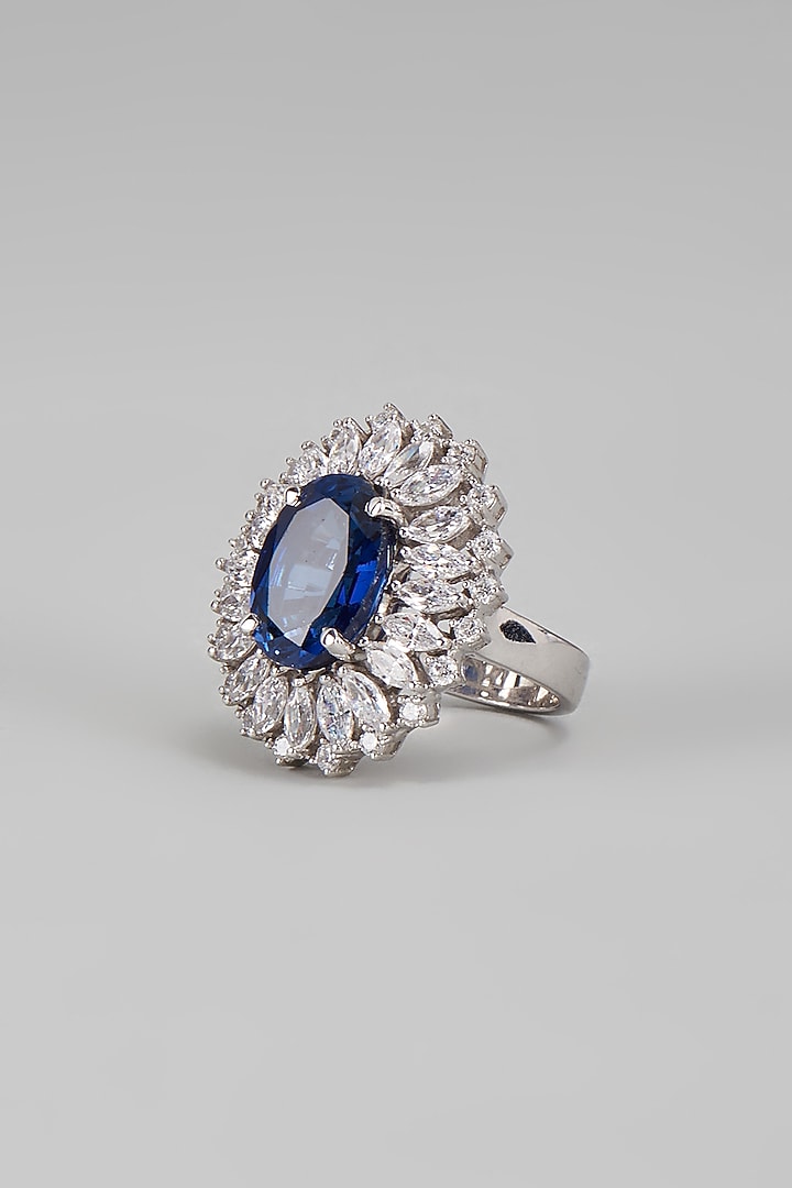 White Finish Blue & White Swarovski Ring In Sterling Silver by Diosa Paris Jewellery at Pernia's Pop Up Shop