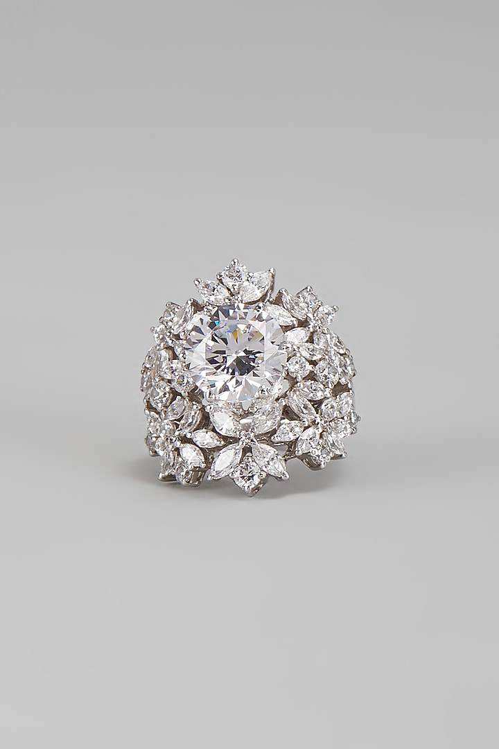 White Finish Swarovski Ring In Sterling Silver by Diosa Paris Jewellery at Pernia's Pop Up Shop