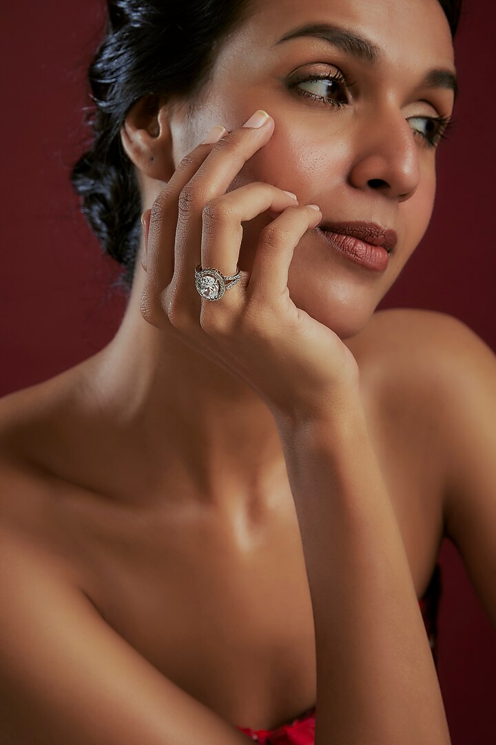 White Finish Swarovski Ring In Sterling Silver by Diosa Paris Jewellery at Pernia's Pop Up Shop