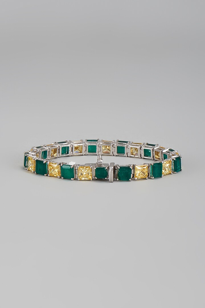 White Finish Green & Yellow Swarovski Tennis Bracelet In Sterling Silver by Diosa Paris Jewellery at Pernia's Pop Up Shop