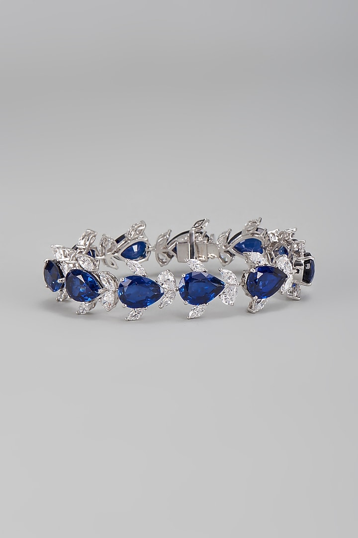 White Finish Blue & White Swarovski Cuff Bracelet In Sterling Silver by Diosa Paris Jewellery at Pernia's Pop Up Shop