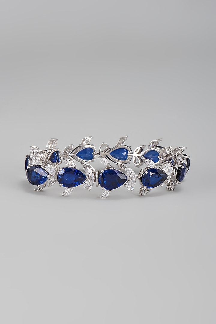 White Finish Blue & White Swarovski Cuff Bracelet In Sterling Silver by Diosa Paris Jewellery at Pernia's Pop Up Shop