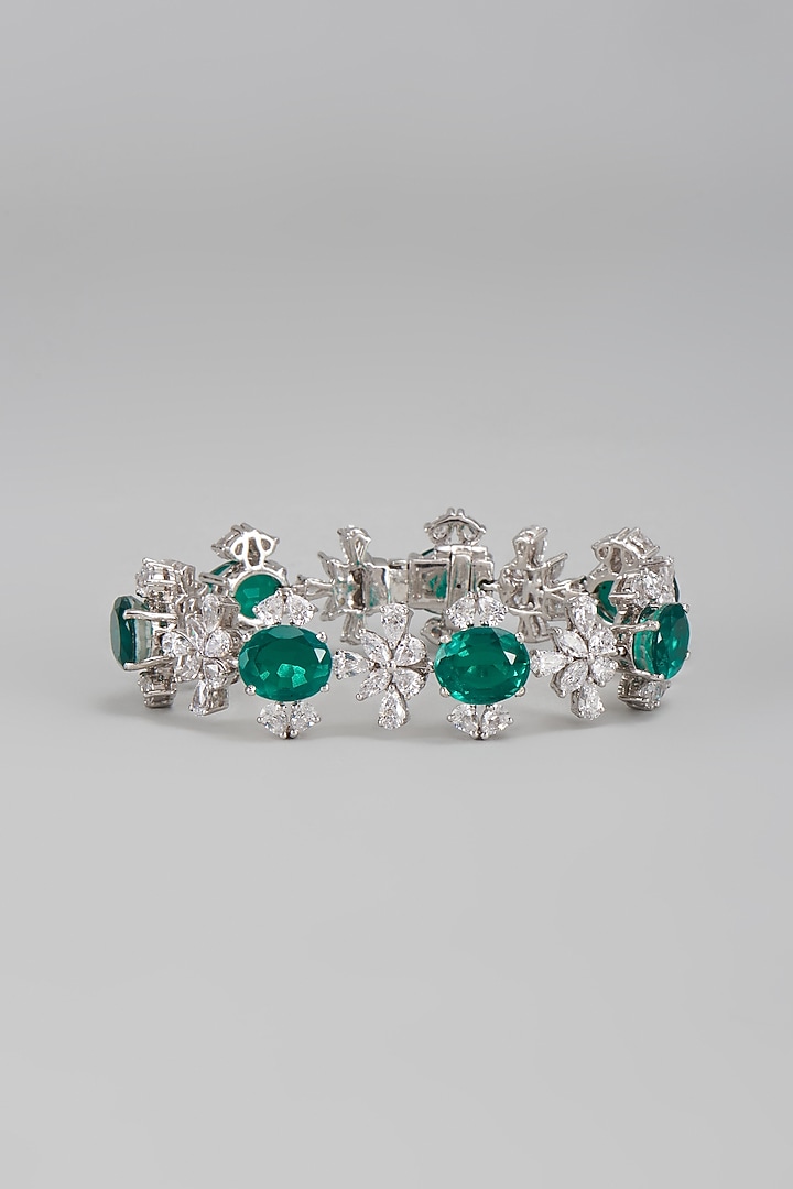 White Finish Green & White Swarovski Cuff Bracelet In Sterling Silver by Diosa Paris Jewellery at Pernia's Pop Up Shop