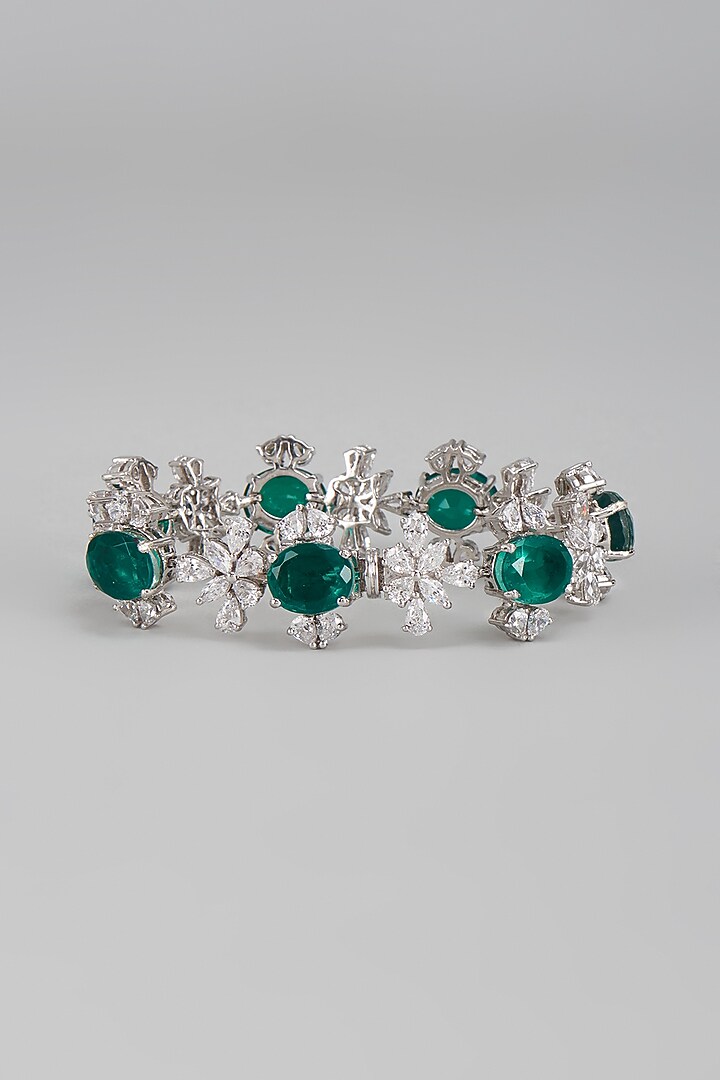 White Finish Green & White Swarovski Cuff Bracelet In Sterling Silver by Diosa Paris Jewellery at Pernia's Pop Up Shop