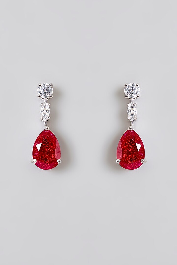White Finish Zircon & Ruby Stud Earrings In Sterling Silver by Diosa Paris Jewellery at Pernia's Pop Up Shop