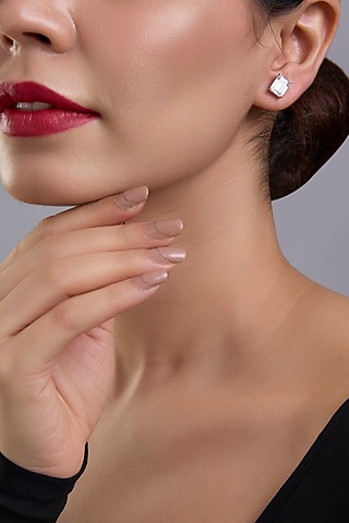 White Finish White Stone Stud Earrings In Sterling Silver by Diosa Paris Jewellery
