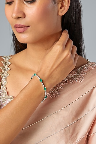 White Finish Zircon & Emerald Stone Tennis Bracelet In Sterling Silver by Diosa Paris Jewellery