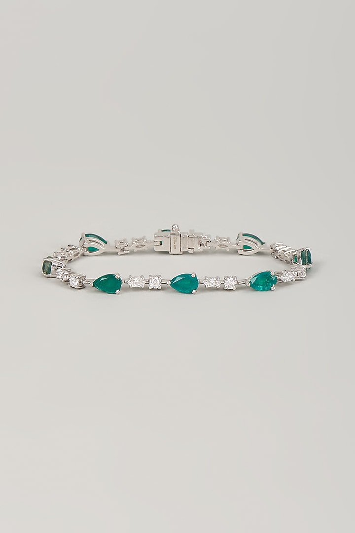 White Finish Zircon & Emerald Stone Tennis Bracelet In Sterling Silver by Diosa Paris Jewellery at Pernia's Pop Up Shop