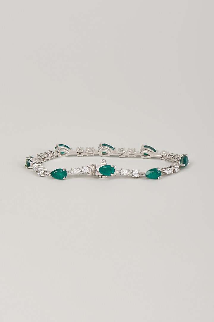 White Finish Zircon & Emerald Stone Tennis Bracelet In Sterling Silver by Diosa Paris Jewellery at Pernia's Pop Up Shop