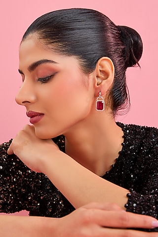 Silver Finish Red Stone Dangler Earrings In Sterling Silver by Diosa Paris Jewellery