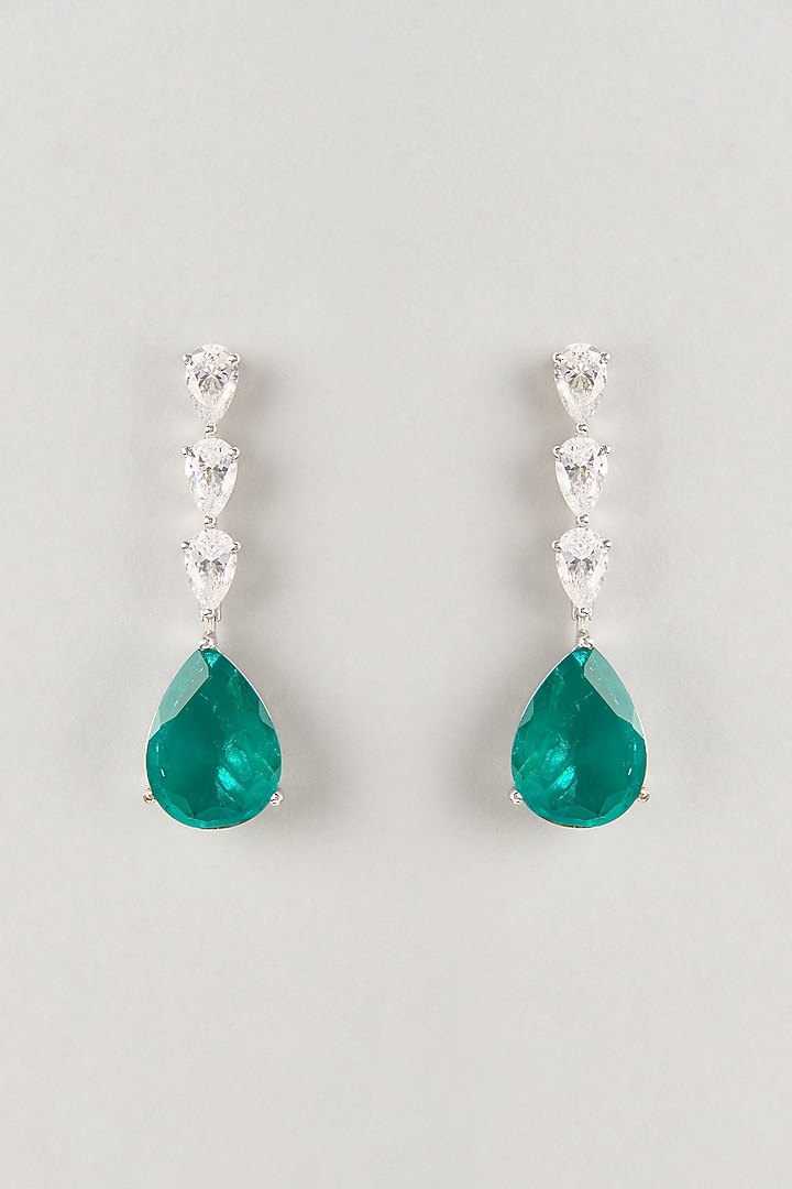 White Finish Zircon & Emerald Stone Dangler Earrings In Sterling Silver by Diosa Paris Jewellery at Pernia's Pop Up Shop