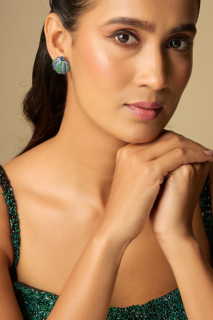 White Finish Blue Stone Stud Earrings In Sterling Silver by Diosa Paris Jewellery at Pernia's Pop Up Shop