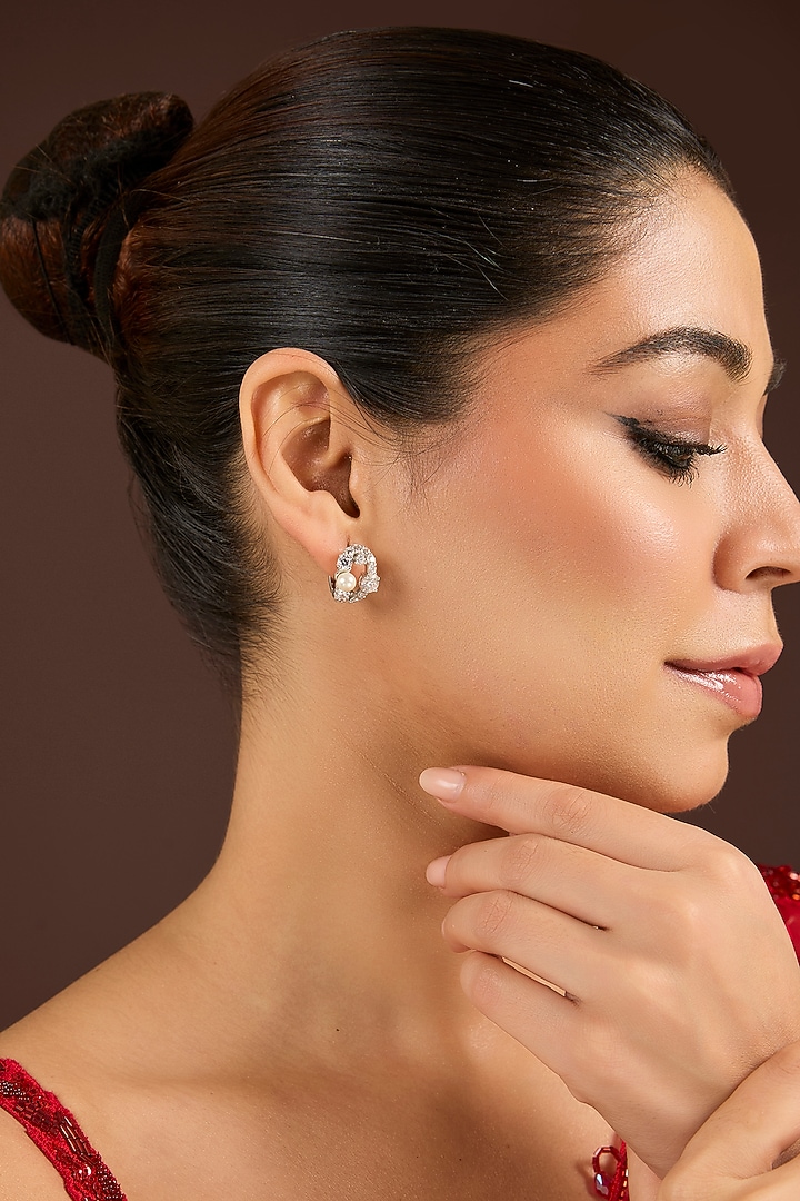 White Finish Zircon Stud Earrings In Sterling Silver by Diosa Paris Jewellery at Pernia's Pop Up Shop