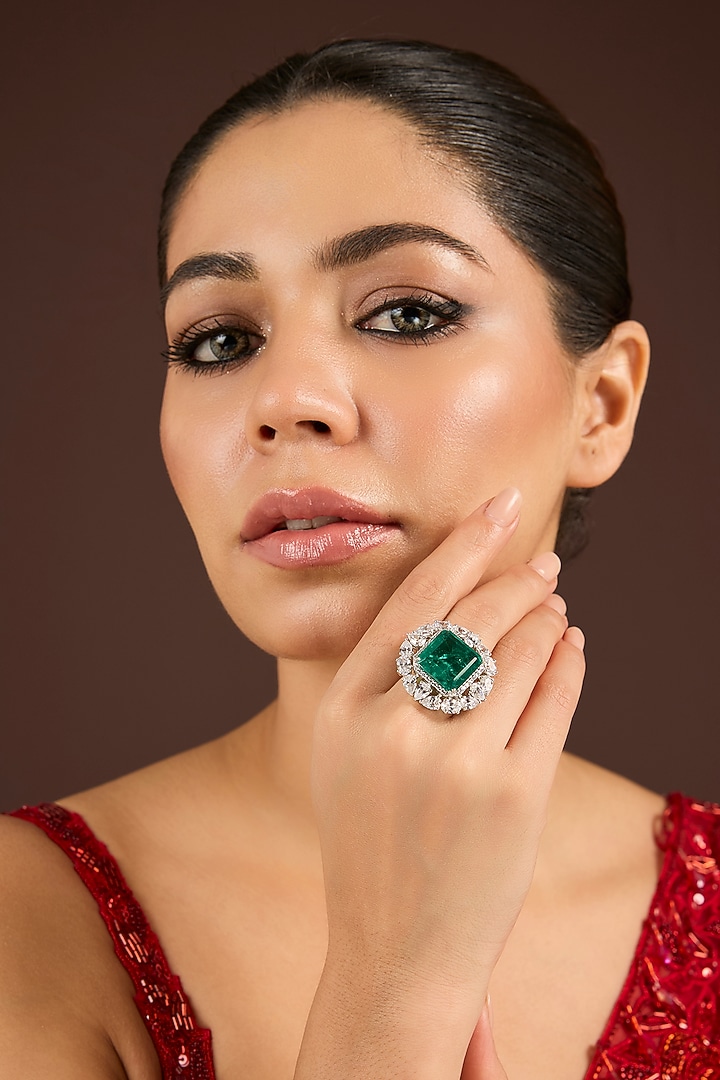 White Finish Zircon & Emerald Ring In Sterling Silver by Diosa Paris Jewellery at Pernia's Pop Up Shop