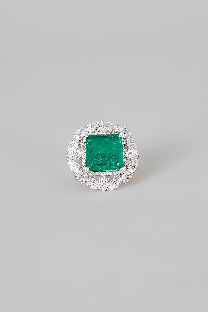 White Finish Zircon & Emerald Ring In Sterling Silver by Diosa Paris Jewellery at Pernia's Pop Up Shop