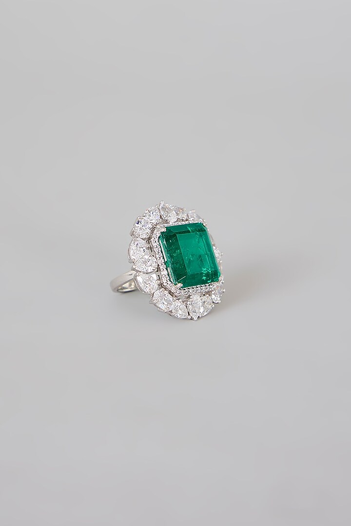 White Finish Zircon & Emerald Ring In Sterling Silver by Diosa Paris Jewellery at Pernia's Pop Up Shop
