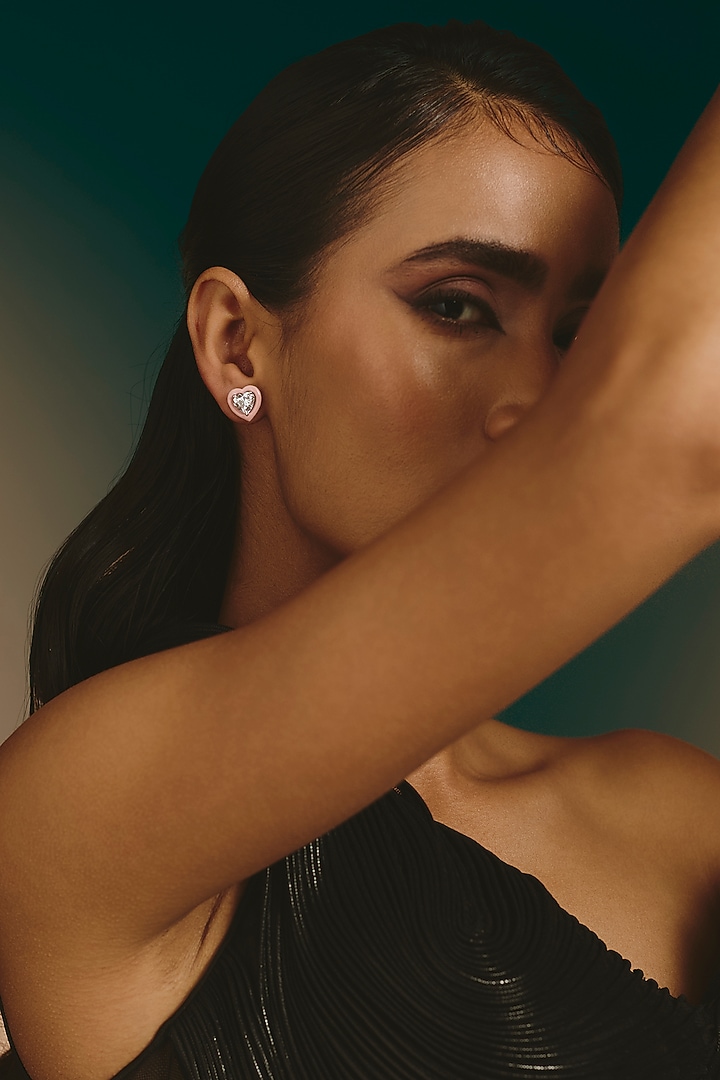 White Finish Pink Stone Stud Earrings In Sterling Silver by Diosa Paris Jewellery at Pernia's Pop Up Shop