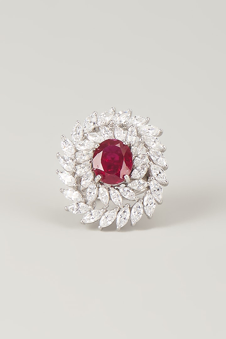 White Finish Red Stone Ring In Sterling Silver by Diosa Paris Jewellery at Pernia's Pop Up Shop