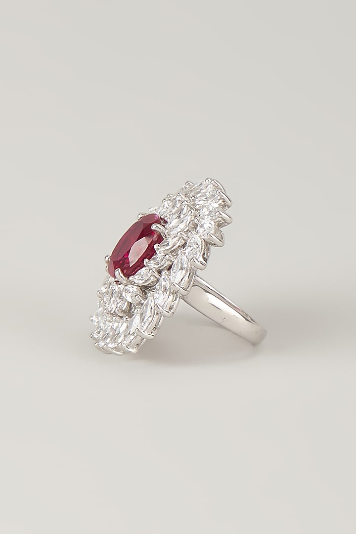 White Finish Red Stone Ring In Sterling Silver by Diosa Paris Jewellery at Pernia's Pop Up Shop