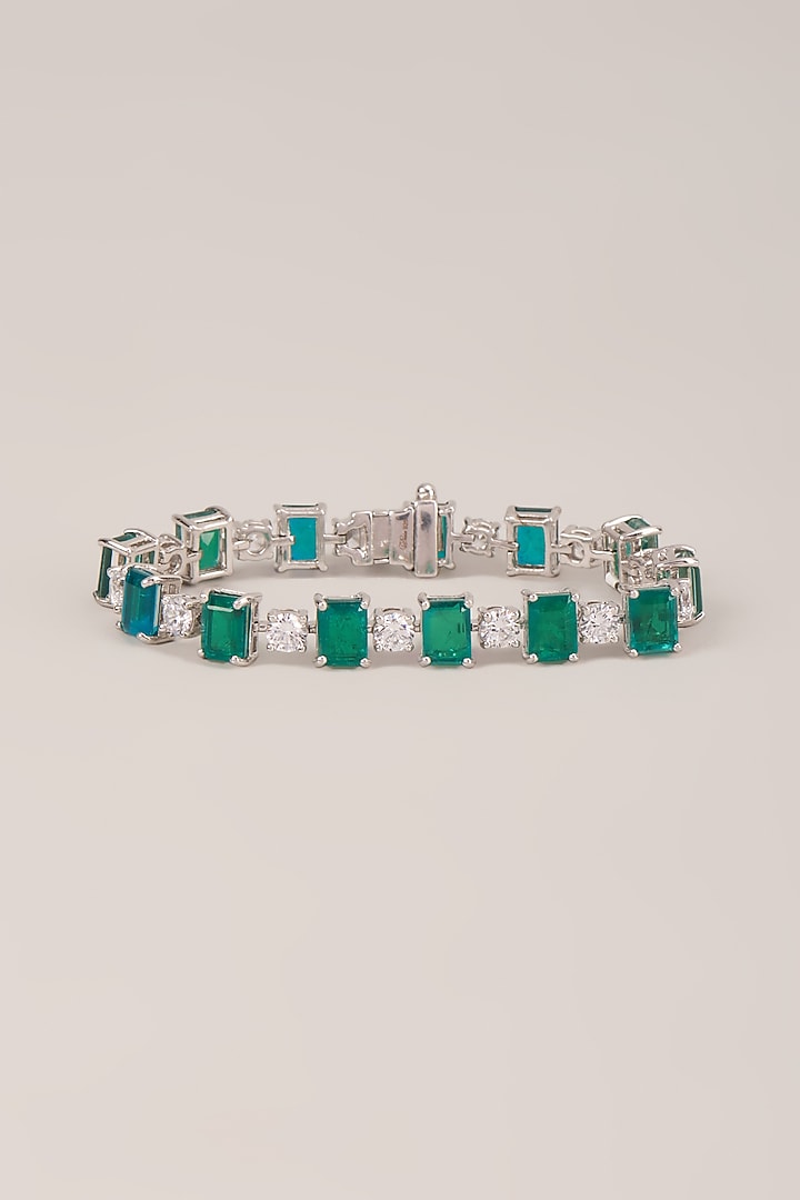White Finish Zircon & Green Stone Bracelet In Sterling Silver by Diosa Paris Jewellery at Pernia's Pop Up Shop