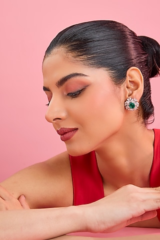 Silver Finish Green & White Stone Stud Earrings In Sterling Silver by Diosa Paris Jewellery