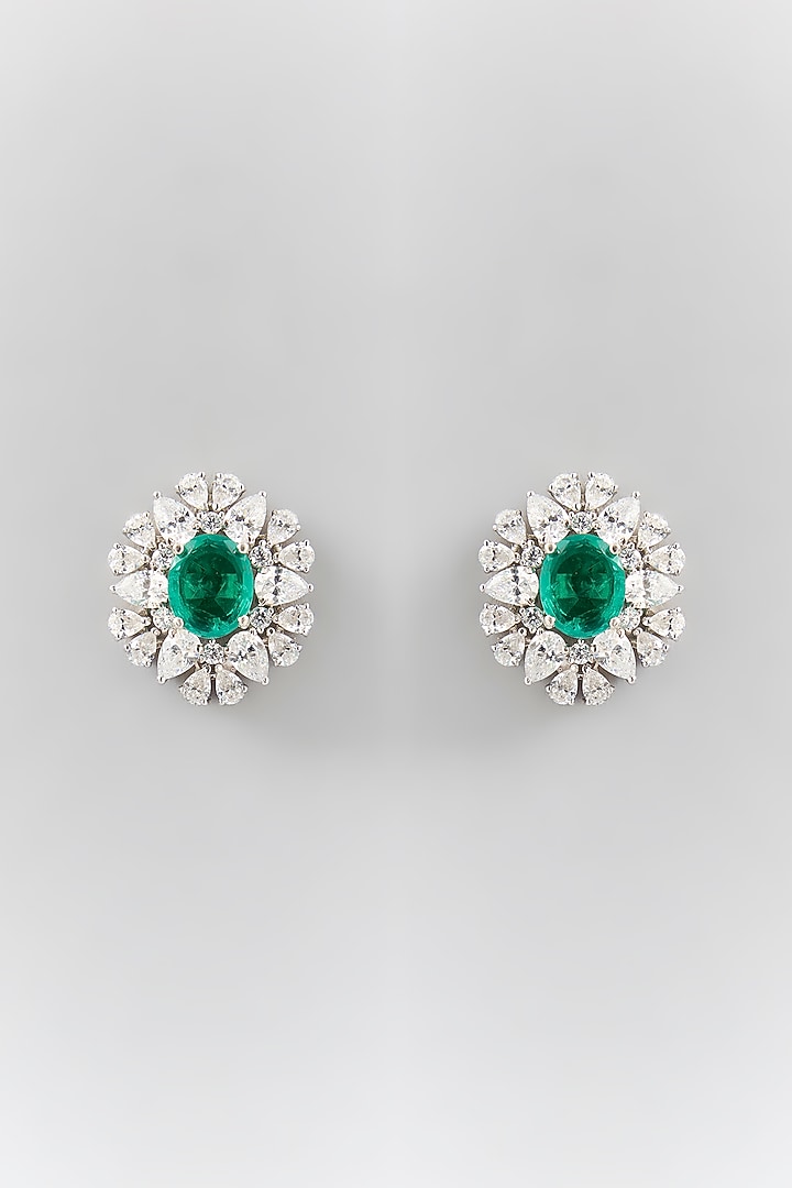 Silver Finish Green & White Stone Stud Earrings In Sterling Silver by Diosa Paris Jewellery at Pernia's Pop Up Shop