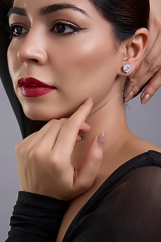 White Finish White Stone Stud Earrings In Sterling Silver by Diosa Paris Jewellery