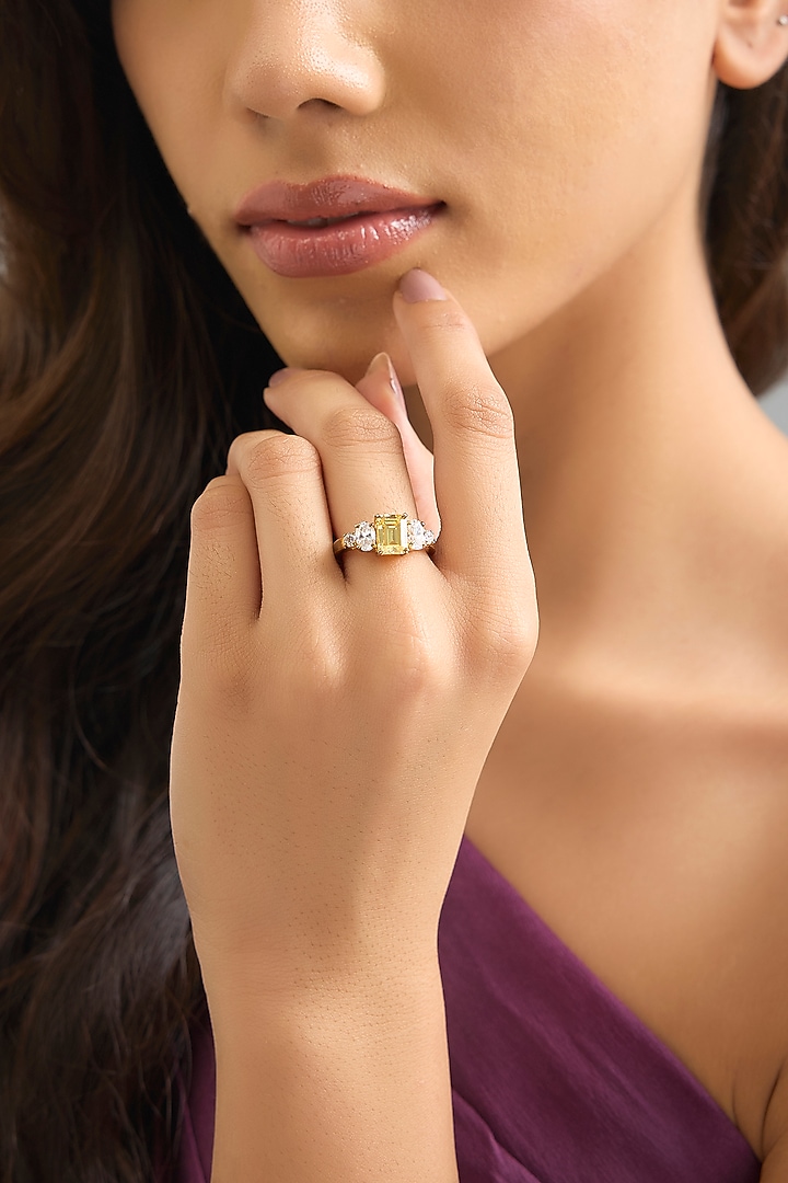 White Finish Yellow & White Stone Ring In Sterling Silver by Diosa Paris Jewellery at Pernia's Pop Up Shop