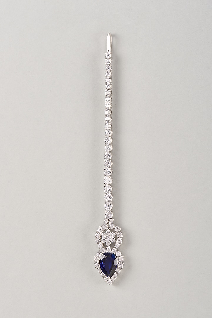 Silver Finish Zircon & Blue Stone Maangtikka In Sterling Silver by Diosa Paris Jewellery at Pernia's Pop Up Shop