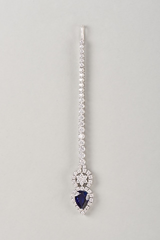 Silver Finish Zircon & Blue Stone Maangtikka In Sterling Silver by Diosa Paris Jewellery