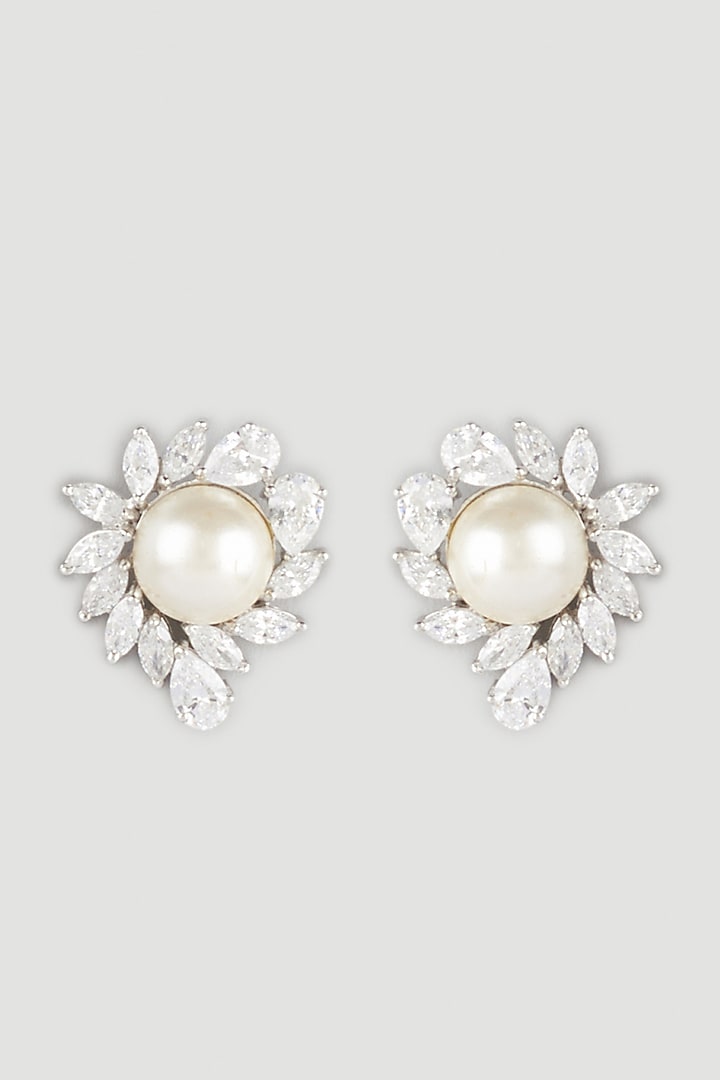 White Finish Pearl Earrings In Sterling Silver by Diosa Paris