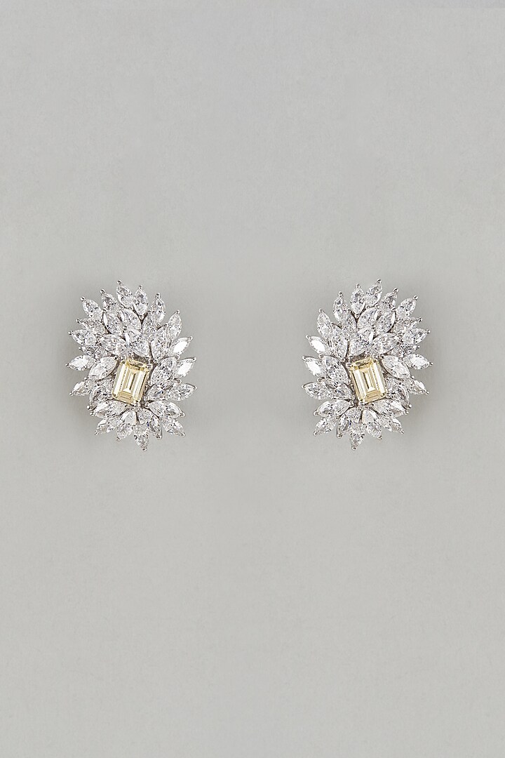 White Finish Yellow & White Swarovski Zircon Stud Earrings In Sterling Silver by Diosa Paris Jewellery at Pernia's Pop Up Shop